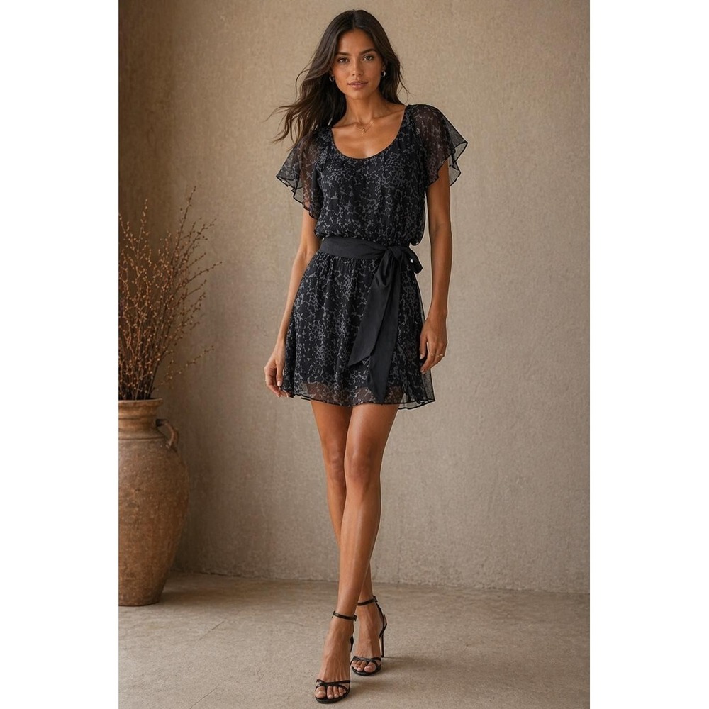 SHOSHANNA Women's 100% SILK Dress 6 Black Ruffle Sleeve Sheer Overlay